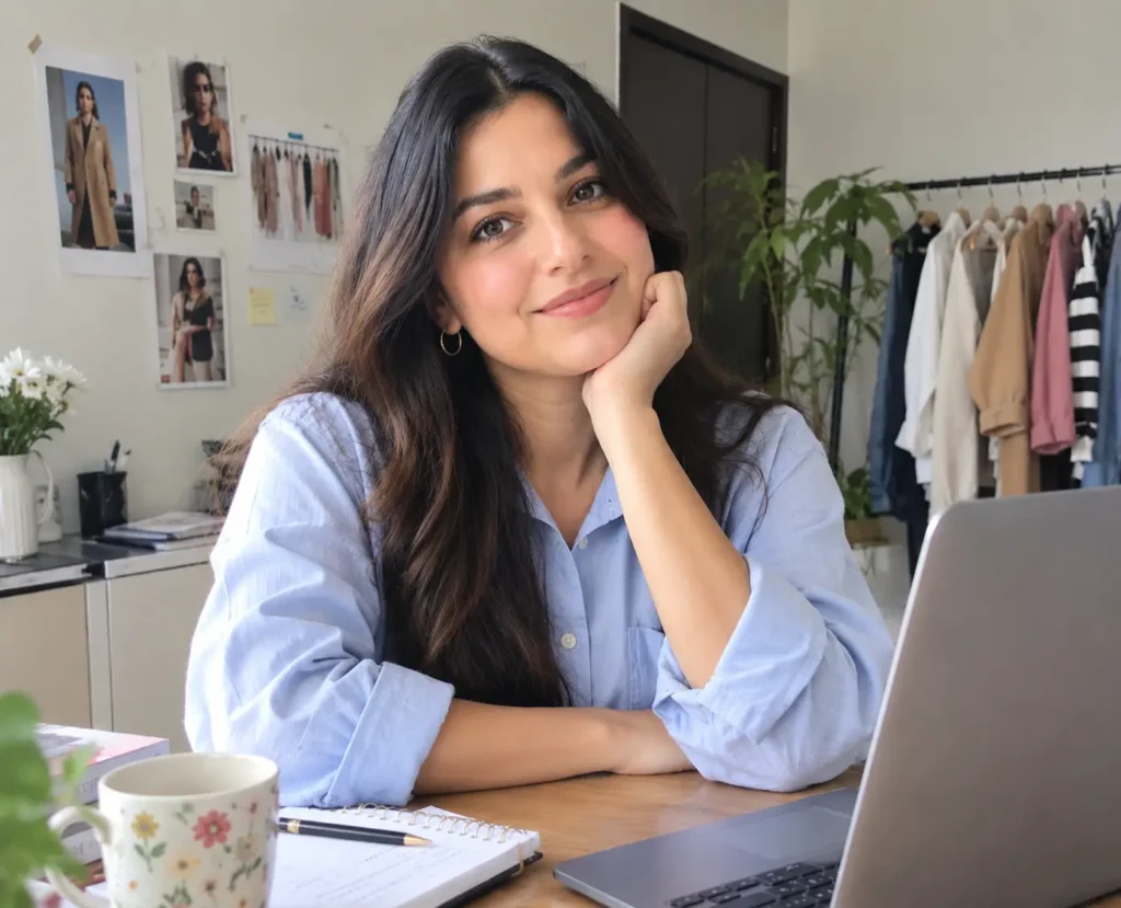 Realistic female fashion blogger working at a home office, wearing a light blue button-up shirt and smiling at the camera