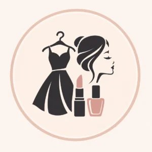 Minimalist fashion and beauty icon featuring a dress, hairstyle, lipstick and nail polish
